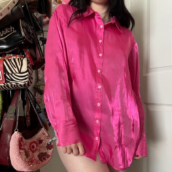ANTHROPOLOGIE NWOT PINK SILKY IRIDESCENT BUTTON DOWN MEDIUM - Picture 3 of 5